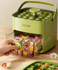 Compact Ice Cube Tray With Lid And Bin For Freezer, Mini Press Type Ice Maker, Space Saving Small Ice Bucket With Tongs For RV Office And Travel, BPA Free Green