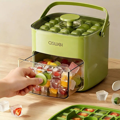Compact Ice Cube Tray With Lid And Bin For Freezer, Mini Press Type Ice Maker, Space Saving Small Ice Bucket With Tongs For RV Office And Travel, BPA Free Green