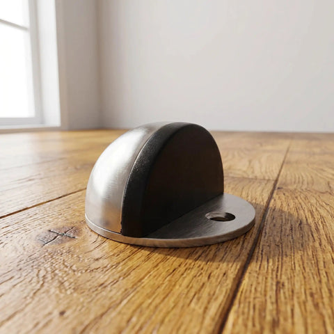 Stainless Steel Floor Mount Door Stop Set With Self Adhesive No Drill Installation Anti Collision Half Dome Design on wood floor