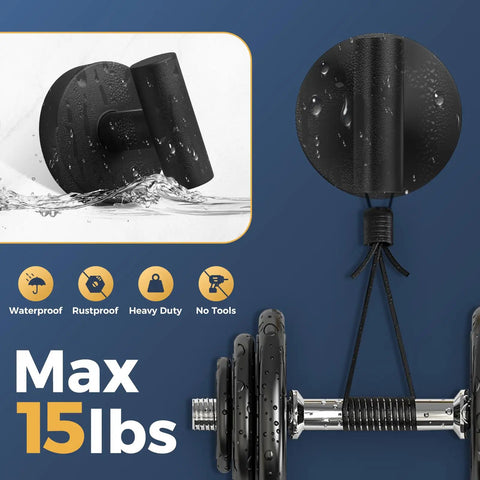 Heavy Duty Suction Hooks That Hold Firm On Glass Tile And Mirror Removable Shower Hangers With Rock Solid Vacuum Grip Easy Mount Metal Bathroom Towel Rack Four Pack Black mounted on wet surface, showing waterproof design, holding maximum 15 lbs.