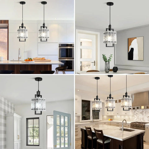 Next Level 2 Pack Matte Black Pendant Lights With Textured Water Ripple Glass For Kitchen Island And Dining Room square fixtures in various modern settings.