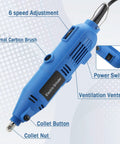 Heavy Duty Tungsten Sharpener Grinder For TIG Welding With A Straight Shooting Four Angle Rotary System And Dead On Precision Flat Grinding Block Featuring Nine Double Sided Diamond Wheels Plus Cnc Mandrels And Snappy Fit, blue electric handheld grinder with power switch and speed adjustment.