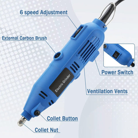 Heavy Duty Tungsten Sharpener Grinder For TIG Welding With A Straight Shooting Four Angle Rotary System And Dead On Precision Flat Grinding Block Featuring Nine Double Sided Diamond Wheels Plus Cnc Mandrels And Snappy Fit, blue electric handheld grinder with power switch and speed adjustment.