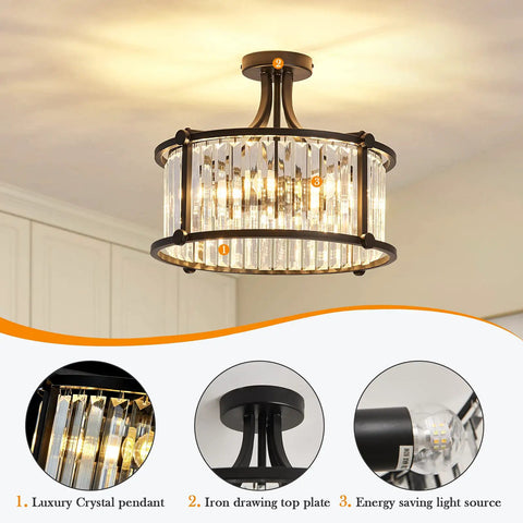 Six Light Black Semi Flush Mount Crystal Chandelier Modern Ceiling Light Fixture For Living Room Dining Room Kitchen Bedroom Foyer Hallway With Sparkling Crystals And Cozy Modern Vibe showcasing luxury pendant and energy saving light source.
