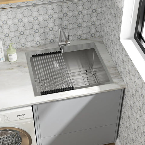 Drop-in stainless steel utility sink, 25x22 inches, 12-inch depth, single bowl with metal draining rack and modern faucet.