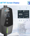 Level 2 EV Charger 40 Amp 240 V 9.6 kW Portable Home Charging Station With NEMA 14-50P showing screen display and settings