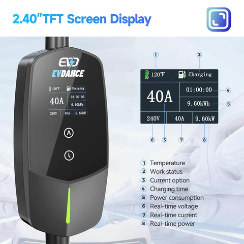 Level 2 EV Charger 40 Amp 240 V 9.6 kW Portable Home Charging Station With NEMA 14-50P showing screen display and settings