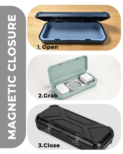 Clutch Tech Organizer Case With Magnetic Abs Build And Smooth Silicone Tray For Straight Up Cable Sorting and open view showing interior structure.