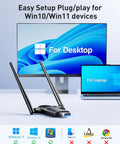Fast 1300Mbps USB WiFi Adapter for PC and Laptop with Dual 5dBi Antennas shown with desktop and laptop compatibility display.