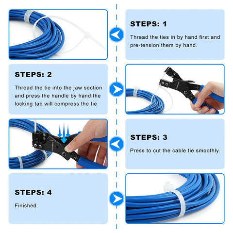 Step-by-step guide using Cable Tie Tool For Plastic And Nylon Zip Ties With Auto Cutter And Fastening Fits Two Point Four To Twelve Mm Ties