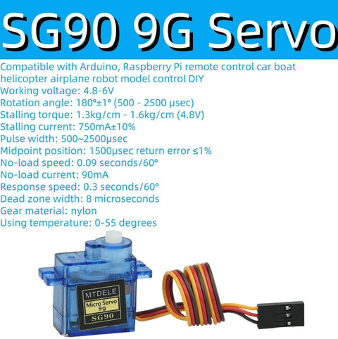 SG90 9G Micro Servo Motors 10 Pack For Arduino Raspberry Pi DIY Robots RC Car Boat Helicopter and model control shown with specs