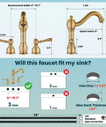 Dimensions and fit guide for Vintage 8 Inch Widespread Bathroom Faucet With 3 Hole 2 Lever Handles Deck Mount And Pop Up Drain Antique Brass