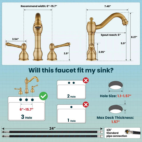 Dimensions and fit guide for Vintage 8 Inch Widespread Bathroom Faucet With 3 Hole 2 Lever Handles Deck Mount And Pop Up Drain Antique Brass