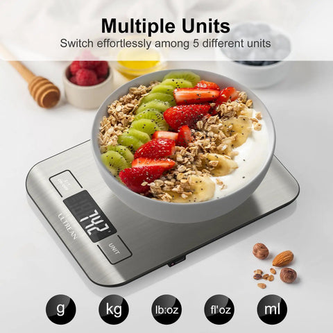 No Fuss Digital Kitchen Scale With 33 Pound Capacity 1 Gram Precision Stainless Steel Surface Type C Charging Or Batteries Ideal For Meal Prep Cooking And Baking with bowl of fruit and granola on top