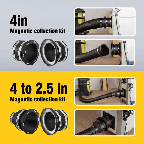 4in magnetic dust collection kit with 4in and 2.5in couplers; front view and installed hose connection to dust collector
