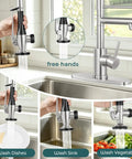 BDJM Kitchen Faucets with Pull Down Sprayer,NEW1 in brushed nickel, demonstrating hands-free use for washing dishes, sink, and vegetables.