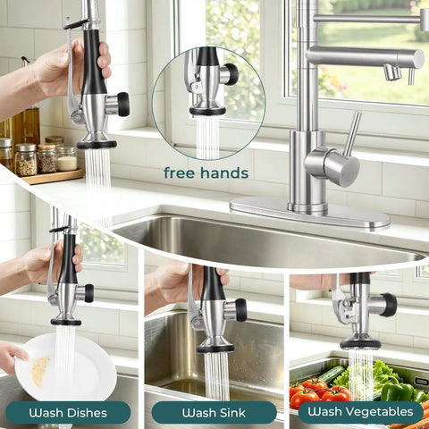 BDJM Kitchen Faucets with Pull Down Sprayer,NEW1 in brushed nickel, demonstrating hands-free use for washing dishes, sink, and vegetables.