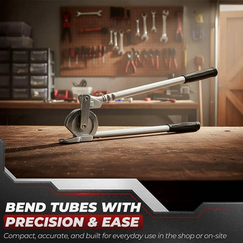 Top Rated Flexzion 1/2 Inch Outer Diameter Tubing Bender Tool For Precise Copper Pipe Bending on wooden table.