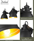 Industrial Style Bathroom Vanity Lights Two Light Wall Sconce Mounted Over Mirror Black Metal Frame Fixture highlighting black matte finish and brass interior.