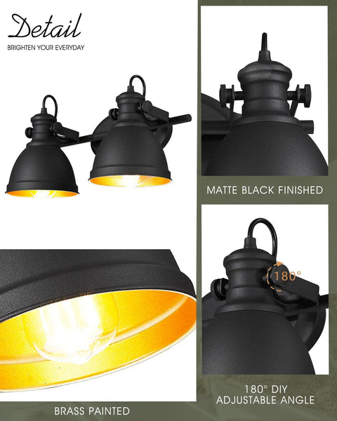 Industrial Style Bathroom Vanity Lights Two Light Wall Sconce Mounted Over Mirror Black Metal Frame Fixture highlighting black matte finish and brass interior.