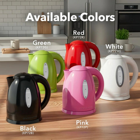 Five electric kettles in black, white, red, green, and pink with water level gauge displayed in a kitchen.