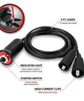 Heavy Duty Remote Start Kit for Cars and Trucks with push button switch, 5-foot wire leads, and red indicator light for safe operation.