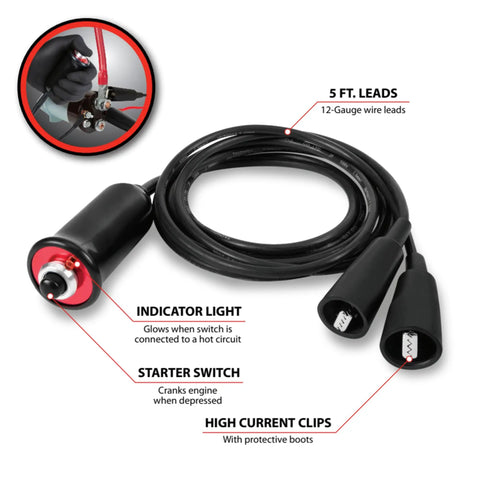 Heavy Duty Remote Start Kit for Cars and Trucks with push button switch, 5-foot wire leads, and red indicator light for safe operation.