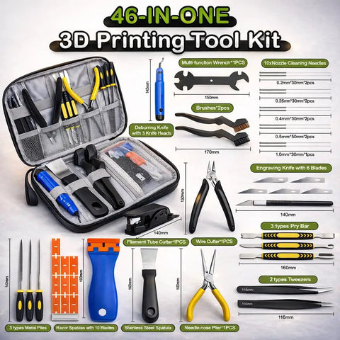 Image of Must Have Pro Grade All In One 46 Piece 3D Printer Tools Kit for FDM and Resin Printers with various tools displayed.