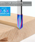V-bit router bit for wood, carbide with blue nano coating, 1/4 in shank, 4-flute V groove.