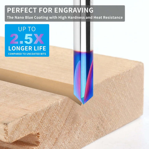V-bit router bit for wood, carbide with blue nano coating, 1/4 in shank, 4-flute V groove.