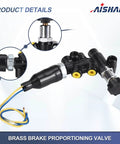 Universal Adjustable Proportioning Valve Kit With Easy Turn Knob For Master Cylinder 260-13190 260-11179, showing brass valve with black and yellow detail.