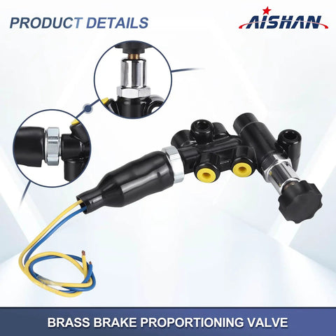 Universal Adjustable Proportioning Valve Kit With Easy Turn Knob For Master Cylinder 260-13190 260-11179, showing brass valve with black and yellow detail.