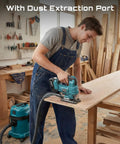 Badass Brushless Cordless Jigsaw Featuring Dual Four Ah Batteries And Rock Solid Variable Speed Settings For Lightning Fast Precision Cuts On Wood And Steel Projects being used with dust extraction in a workshop.