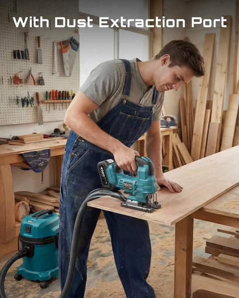 Badass Brushless Cordless Jigsaw Featuring Dual Four Ah Batteries And Rock Solid Variable Speed Settings For Lightning Fast Precision Cuts On Wood And Steel Projects being used with dust extraction in a workshop.