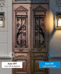 Easy Weatherproof Dusk To Dawn Outdoor Wall Light With Photocell Sensor illuminating a wooden doorway with auto on at night.