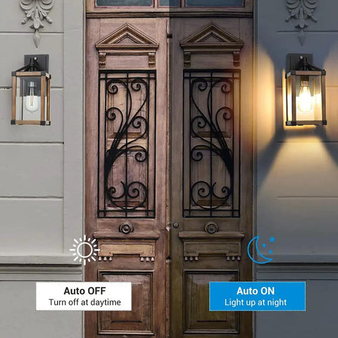 Easy Weatherproof Dusk To Dawn Outdoor Wall Light With Photocell Sensor illuminating a wooden doorway with auto on at night.