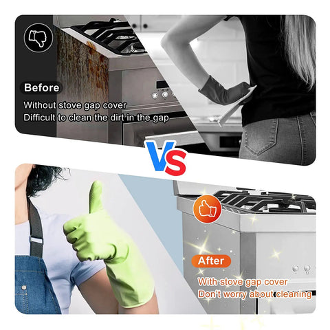 Before and after using Stove Gap Cover 21 Inch Silicone Gap Filler for Kitchen Counter and Stove, highlighting clean kitchen surface.