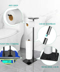 Floor Standing Toilet Paper Holder Dispenser With Four Roll Storage And Top Shelf For Phone Wipes And Wallet Rust Resistant Stainless Steel Black Finish in bathroom next to toilet