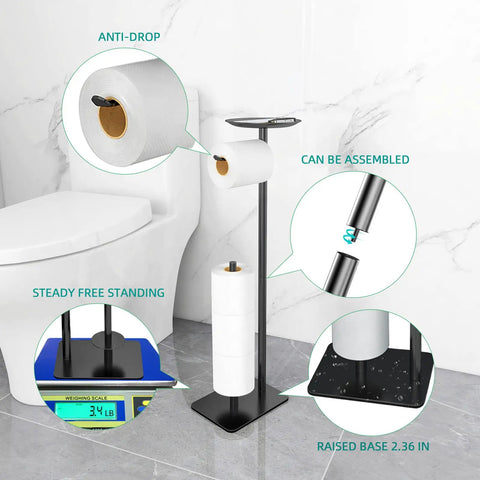 Floor Standing Toilet Paper Holder Dispenser With Four Roll Storage And Top Shelf For Phone Wipes And Wallet Rust Resistant Stainless Steel Black Finish in bathroom next to toilet