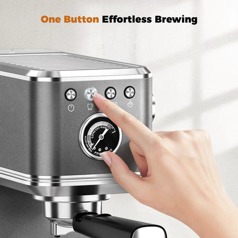 User interface of Premium Espresso Coffee Machine With Steam Wand For Cappuccino And Iced Cold Brew, focusing on one-button brewing.