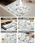 Pastoral Daisy And Butterfly Dish Drying Mat For Kitchen White Wood Grain Absorbent Counter Pad Soft Polyester 18 By 24 Inches