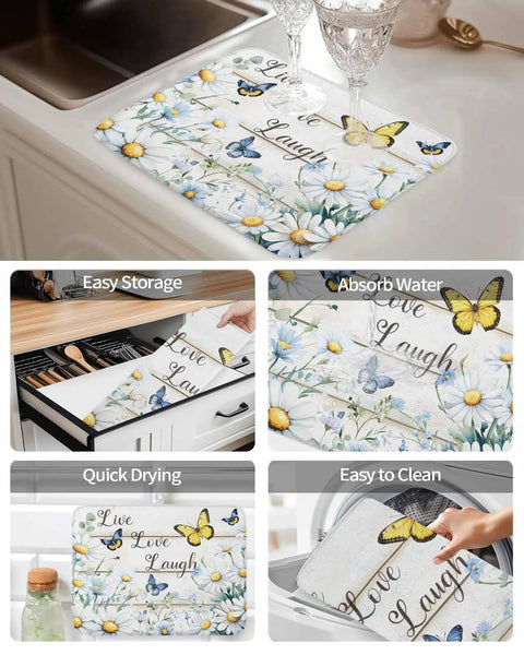 Pastoral Daisy And Butterfly Dish Drying Mat For Kitchen White Wood Grain Absorbent Counter Pad Soft Polyester 18 By 24 Inches