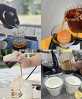 Double Scale Glass Measuring Cup With Wooden Handle For Coffee And Espresso, shown in use with various beverages, borosilicate glass