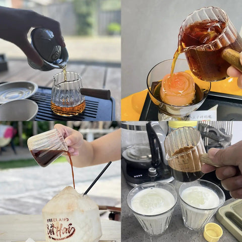 Double Scale Glass Measuring Cup With Wooden Handle For Coffee And Espresso, shown in use with various beverages, borosilicate glass