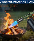 Propane Kitchen Torch Head With Adjustable Flame For Cooking, BBQ, Sous Vide, And Steak Searing, Kickass Blow Torch For Charcoal Starter, Camping, And Light Welding Projects being used on a campfire