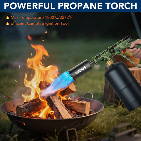 Propane Kitchen Torch Head With Adjustable Flame For Cooking, BBQ, Sous Vide, And Steak Searing, Kickass Blow Torch For Charcoal Starter, Camping, And Light Welding Projects being used on a campfire