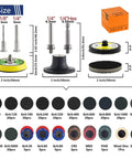 2 Inch Sanding Disc Kit For Die Grinder And Drill With One Eighth Inch And One Quarter Inch Shank Pad Holder Includes 26 Ceramic Nylon Nonwoven Discs And 240 SiC Hook Loop Discs For Metal Wood Auto Polishing And Finishing. Display of various grit disc sizes and shank components.