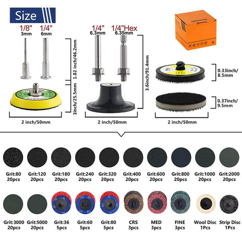 2 Inch Sanding Disc Kit For Die Grinder And Drill With One Eighth Inch And One Quarter Inch Shank Pad Holder Includes 26 Ceramic Nylon Nonwoven Discs And 240 SiC Hook Loop Discs For Metal Wood Auto Polishing And Finishing. Display of various grit disc sizes and shank components.