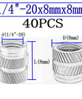 40 Pack One Quarter Inch Brass Heat Set Threaded Inserts With UNC Knurled Nuts For One Quarter Twenty Threads, 8x8mm Length diagram