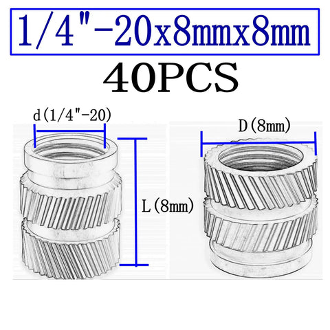 40 Pack One Quarter Inch Brass Heat Set Threaded Inserts With UNC Knurled Nuts For One Quarter Twenty Threads, 8x8mm Length diagram